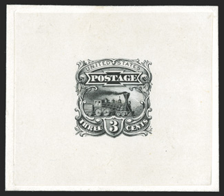 114-E4a, 3c Black small numeral die essay on India, die sunk on 56x49mm card, highly detailed impression, central thin spot, very fine ex-Earl of Crawford, Finkelberg and Lake
Shore.