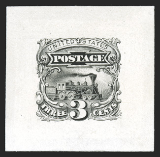 114TC1, 3c Black large die trial color proof on India, 35x35mm on card, exceedingly fresh, very fine a rare trial color proof 1976 PF certificate.