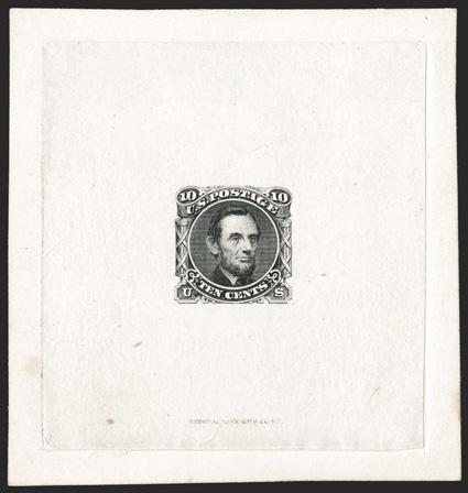 116-E1c, 10c Lincoln, unadopted design, large die essay in Black on India, die sunk on 75x79mm card, deep color on fresh paper, very fine ex-Lake Shore.