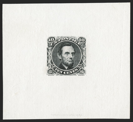 116-E1d, 10c Lincoln, unadopted design, large die essay in Black on India, measuring 64x58mm, with National Bank Note Co. imprint at bottom, without any of the faults so often
encountered on these scarce essays, very fine and choice 2009 PF c