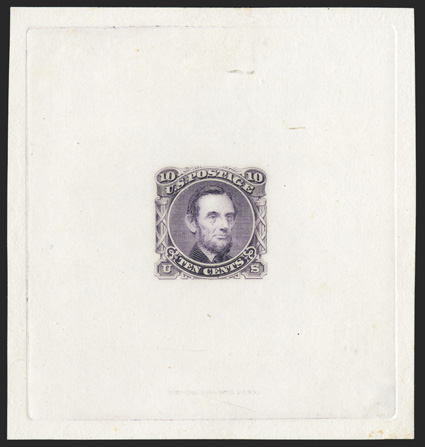 116-E1d, 10c Lincoln, unadopted design, large die essay in Red violet on proof paper, 71x75mm with full die sinkage, National Bank Note Co. imprint at bottom, bright color, a
couple trivial thin spots, very fine.