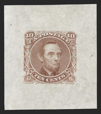 116-E1g, 10c Lincoln, unadopted design, large die essay in Light red brown on cloudy cream bond paper, measuring 35x39mm (full size), very fine a rare and seldom offered essay
2009 PF certificate ex-Ainsworth.