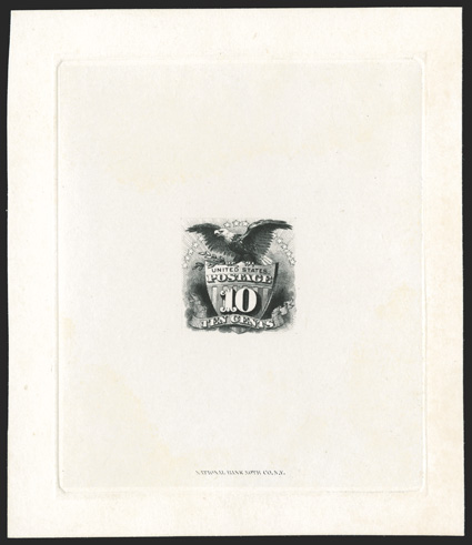 116TC1, 10c Black, large die trial color proof on India, die sunk on 79x92mm card, with National Bank Note Co. imprint at bottom, there is just the slightest bit of aging on
the front, but actually it is quite fresh overall, very fine a rarely