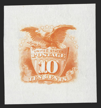 116TC1, 10c Dull dark orange, large die trial color proof on India, 31x33mm, bright color on fresh paper, tiny thin speck, very fine and rare.