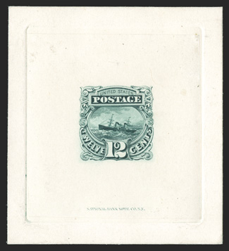117P1, 12c Green large die proof on India, die sunk on 57x63mm card, with National Bank Note Co. imprint at bottom, strong impression, very fine 1990 PF
certificate.