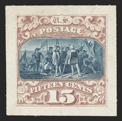 119P2a, 15c Brown and blue, Type II, Panama-Pacific small die proof on wove, an extraordinarily choice example of the proof rarity, with full even margins, attractive color and
clean untoned paper which is rarely encountered on the Panama-Paci