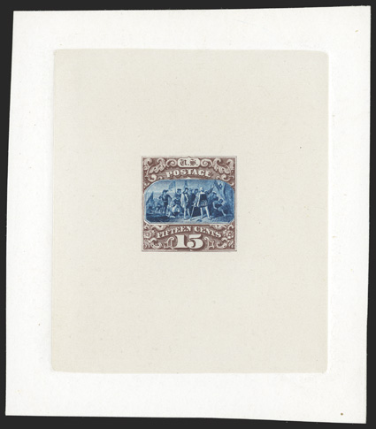 129P1, 15c Brown and blue re-issue large die proof on India, die sunk on 83x94mm card, deep intense colors, marvelously fresh, very fine and choice.