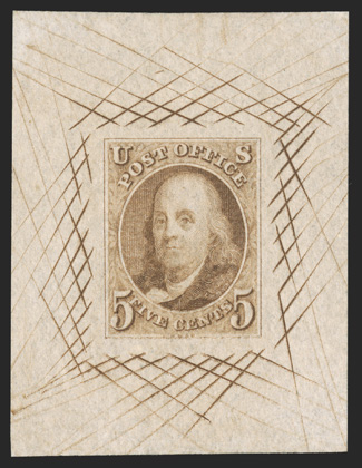 1Pb, 5c Red brown large die proof on Pink bond, 39x51mm with full cross-hatching, very fine and choice.