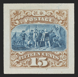 129P2a, 15c Brown and blue re-issue, Panama-Pacific small die proof on yellowish wove, a remarkably choice quality example, possessing uncharacteristically fresh untoned paper,
bright color and large margins as well, extremely fine probably