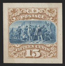 129P2a, 15c Brown and blue re-issue, Panama-Pacific small die proof on yellowish wove, the Liberman collection contains a second copy of this proof rarity, large full margins,
the paper has just of hint of the usual toning (less than normal an