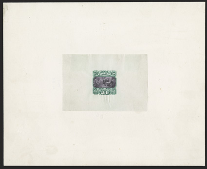 120-E3a, 24c Green (frame) and violet (vignette) die essay on India, frame printed separately and mounted in place, 76x50mm proof hinged on 179x146mm card, embossed handstamp
at bottom of proof ties it to the card (and causes a small tear to I