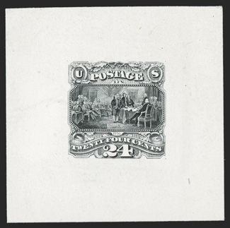 120TC1, 24c Black trial color proof on India, 48x48mm on card, bright and fresh, very fine an extremely rare trial color proof (we can fine only one other), black is the only
trial color for the Twenty Four Cent value 1995 PF certificate.