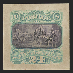 120P2a, 24c Green and violet, Panama-Pacific small die proof on wove, full large margins, strong color, overall toning as is usual on these, very fine only five examples exist
1990 PF certificate.