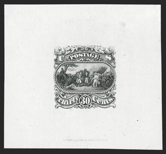 121-E1g, 30c Black Burgoyne die essay on ivory paper, 54x50mm, with National Bank Note Co. imprint at bottom, sharp impression, quite fresh, very fine.