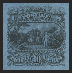 121-E1p, 30c Burgoyne plate essays on thin surface-tinted paper, six different (pale gray, salmon red, yellow, orange buff, pale green, blue), all with large margins, very
fine.