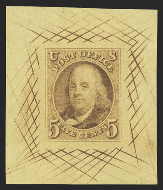 1Pb, 5c Red brown large die proof on Yellow bond, 37x44mm with full cross-hatching, rich color and bright paper, very fine ex-Chesapeake.