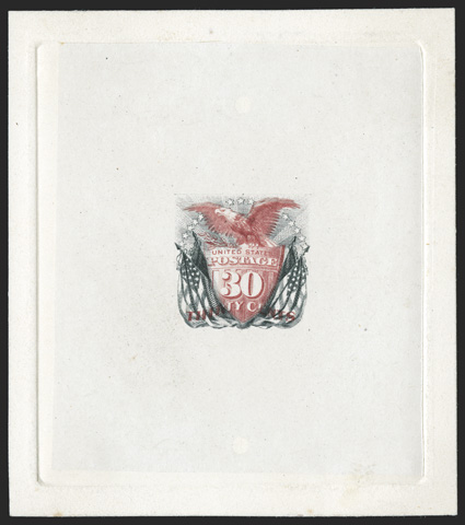 121TC1, 30c Carmine lake and black, large die trial color proof on India, die sunk on 73x81mm, strong colors, very fine a handsome example of this very rare trial color, being
especially desirable showing the full die sinkage ex-Lake Shore