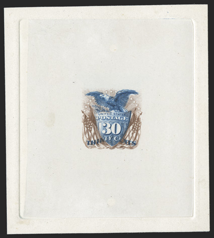 121TC1, 30c Brown and deep blue, large die trial color proof on India, die sunk on 74x89mm card, beautiful rich colors, card with trivial thin from hinge removal, very fine not
only is this one of the very few Thirty Cent trial color proofs to