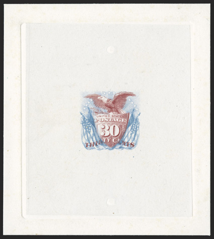 121P1, 30c Ultramarine and carmine large die proof on India, die sunk on 74x83mm card, the India proof had been removed from the card, cleaned and remounted, very fine
appearance 2004 PSE certificate.