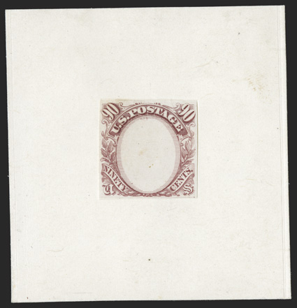 122-E5c, 90c Frame only, die essay in Rose red on India, three lines at top, two lines at bottom, hinged on India paper and mounted on card similar to the other known example,
rich color, very fine one of only two such essays recorded ex