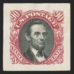 122P2a, 90c Carmine and black, Panama-Pacific small die proof on yellowish wove, full large margins, bright colors on fresh untoned paper, h.r., minute corner crease at top
right, otherwise very fine only five were produced ex-Lincoln