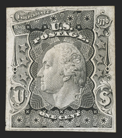 145-E1Cb, 1c Washington die essay in Black on proof paper, stamp size as always, very fine and rare.