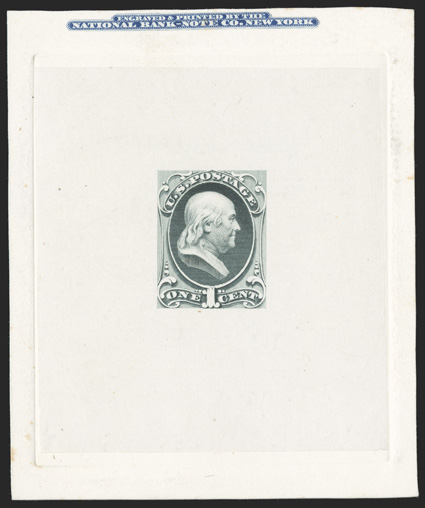 145-E8a, 1c Gray green, large die essay on India, die sunk on 73x89mm card, National Bank Note Co. imprint mounted on top, very fine and quite elusive 1992 PF
certificate.