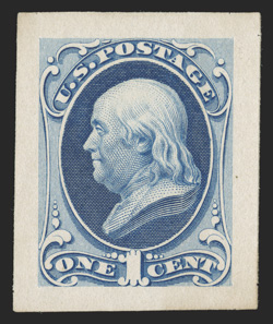 145P2a, 1c Ultramarine, Panama-Pacific small die proof on yellowish wove, full large margins, uncommonly fresh, with virtually none of the toning normally associated with these
proofs, very fine no more that five are thought to have been pr
