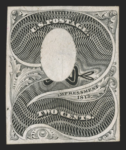146-E1, 2c Black large die essay on India, cut close as always, strong impression, traces of what might be gum on the back, very fine a rarely seen essay ex-Lake
Shore.