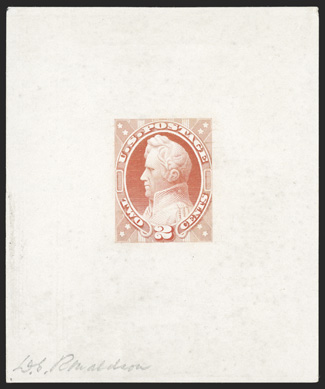 146-E7b, 2c Unadopted design, die essay in Scarlet on ivory glazed paper, 65x78mm with die sinkage at top and bottom, signed in pencil at bottom by the engraver Donaldson,
brilliant color, microscopic thin speck in the top left corner, very
