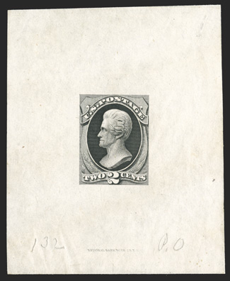 146TC1, 2c Black large die trial color proof on India, 62x75mm, with National Bank Note Co. imprint at bottom and 132 PO written in pencil, very fine an exceptionally scarce
and undervalued trial color proof ex-Burrows.