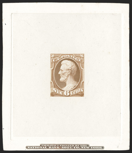148-E4, 6c Yellow brown die essay on India, die sunk on 73x86mm card, with National Bank Note Co. imprint mounted at bottom, fresh and very fine 1992 PF
certificate.