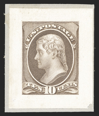 157P2165P2, 2c, 7c, 10c, 15c, 24c and 30c Continental Bank Notes, small die proofs on wove, large margins, each affixed to a small cut out portion of the Roosevelt album page,
bright colors, 10c with small corner fault, very fine.