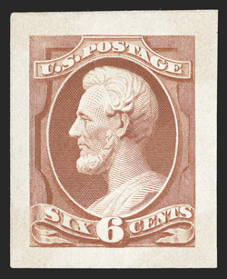 159P2a, 6c Pink, Panama-Pacific small die proof on yellowish wove, large balance margins all around, attractive color, there was some mild toning that has been lightened, very
fine appearance only five examples are known 1991 PF certific