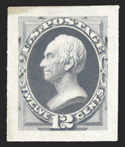 162P2a, 12c Blackish violet, Panama-Pacific small die proof in yellowish wove, full large margins, some light toning as usual, mostly as offset on reverse, the face shows just
a slight bit of toning at top left, very fine only four or fiv