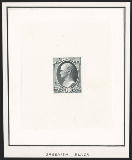 165P1, 30c Black, large die trial color proof on India, two examples in distinctly different shades, one in black and one in greenish black (the two shades of the issued
stamp), both are die sunk on 81x94mm cards, both are hinged on Brazer cards