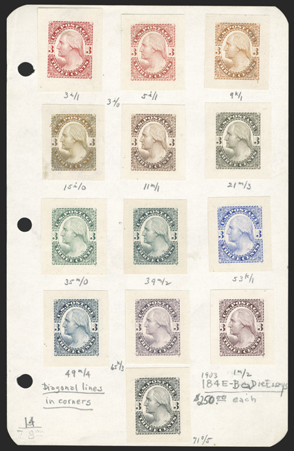 184-E4k, 3c Washington die essay on proof paper, thirteen different colors all neatly hinged on a page, all with large margins and strong colors, one with oily translucent
stain, otherwise very fine.