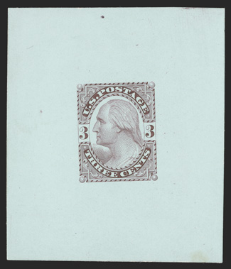 184-E4l, 3c Washington, die essay on large colored card, three different, black on light green, red violet on light blue, and carmine on pink, each approximately 56x65mm, very
fine.