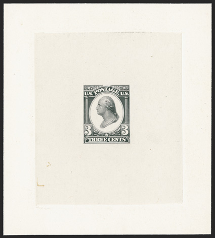 184-E12a, 3c Black die essay on India, die sunk on 86x96mm card, quite fresh, very fine and scarce ex-Lake Shore.