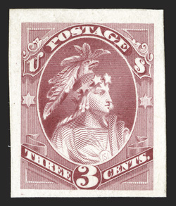184-E16, 3c Indian Maiden Postage, die essay in Scarlet on India, 23x39mm on card, vibrant color, very fine and scarce.
