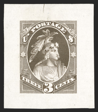 184-E15b, 3c Indian Maiden, die essay in Dull brown on India, 32x37mm (larger than the Scott listing), fresh and very fine.