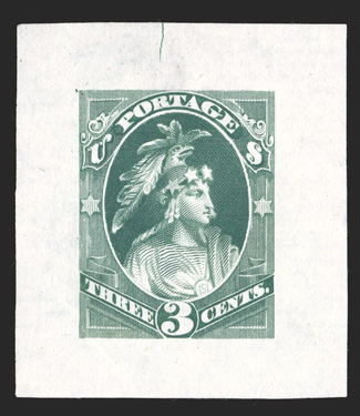 184-E15b, 3c Indian Maiden, die essay in Dull green on India, 34x39mm, which is much larger than the size listed in Scott (28x35mm), exceptionally fresh, very fine and choice
particularly scarce this large.