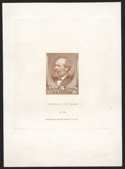 205TC1, 5c Chestnut brown large die trial color proof on India, die sunk on 72x100mm card, with American Bank Note Co. imprint and C-26 at bottom, very fine a most elusive
trial color proof.