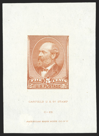 205TC1, 5c Deep dull orange large die trial color proof on India, 44x62mm off card, with American Bank Note Co. imprint and C-28 at bottom, bright color, small punch hole at
bottom has been neatly covered over, very fine appearance.