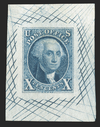 2TC1, 10c Washington, large die trial color proof in Blue on India, 31x41mm with cross-hatching, very fine.