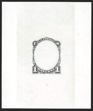 206-E1Ca, 1c Unadopted frame die essay in Black on white glazed paper, 64x77mm, which is quite a bit larger than the 42x74mm size listed in Scott, full die sinkage, very fine
and rare ex-Lake Shore.
