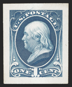 206P2a, 1c Blue, Panama-Pacific small die proof on yellowish wove, a stunning example that features incredibly intense color and impression on the freshest paper possible for a
Panama-Pacific proof, large even margins as well, extremely fine<