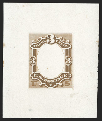 207-E1a, 3c Unadopted frame die essay in Yellow brown on India, 43x52mm on card, rich color, a couple faint toned specks in the far left margin, very fine ex-Lake
Shore.