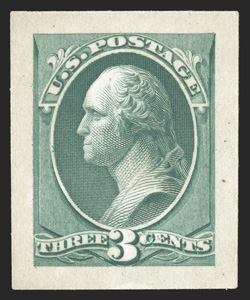 207P2a, 3c Blue green, Panama-Pacific small die proof on yellowish wove, full large margins, strong color and impression on untoned paper, extremely fine only 3-5 were printed
2005 PF certificate ex-Lake Shore.