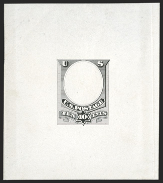 209-E2c, 10c Unadopted frame die essay in Black on white glazed paper, 61x70mm with die sinkage, bright and fresh, mild diagonal crease at top left, very fine a particularly
difficult essay to find, the only other example we have seen is cut cl
